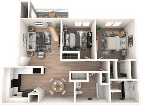 Floor plan for 2 beds, 2 baths, 950 sqft